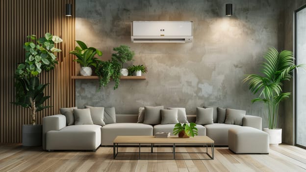 This modern living room showcases a chic design with a mounted air conditioner, cozy seating, and vibrant indoor plants against a textured concrete backdrop.