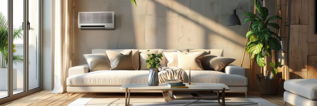 A modern living room features a cozy sofa, large windows, and an air conditioner, filled with natural light and vibrant greenery for a refreshing atmosphere.