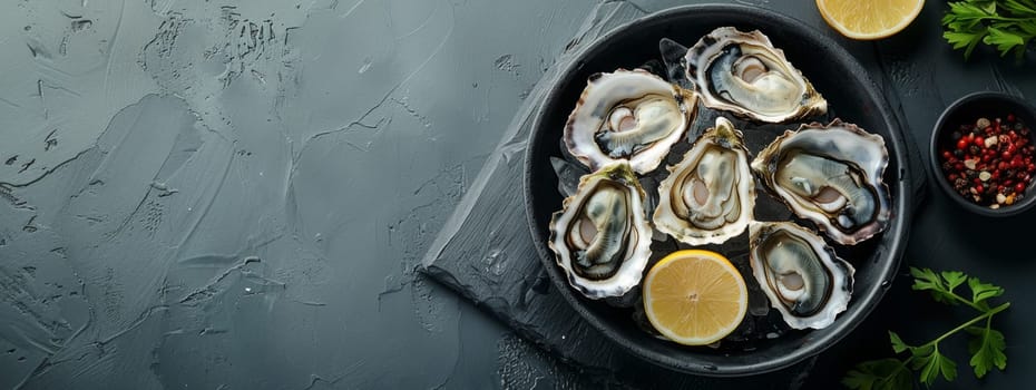 A platter of fresh oysters accompanied by lemon wedges and herbs, showcasing their natural beauty and inviting presentation.
