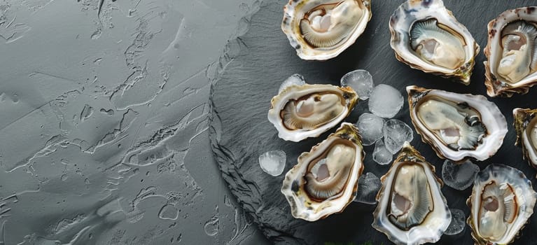 Eight freshly shucked oysters arranged on a slate platter with ice, showcasing their natural beauty and freshness.