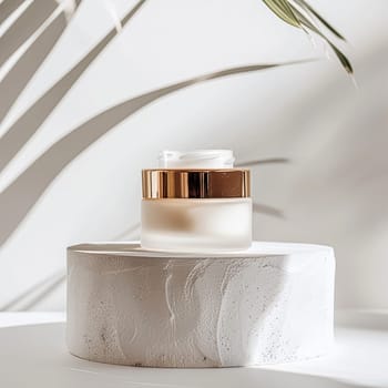 Face cream in a glass jar on a white and gold background. Skin care concept. Backdrop for beauty cosmetic products