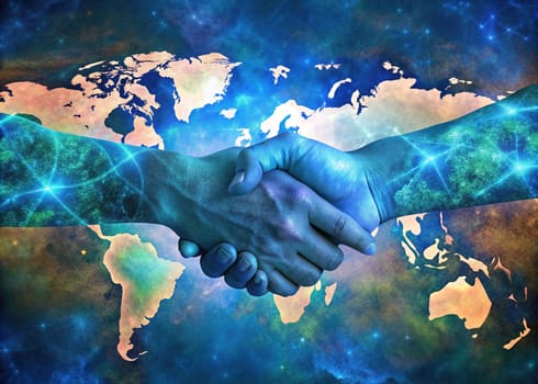 Global Partnership.A photo of two hands clasped in a handshake, set against a backdrop of a world map. This image symbolizes collaboration, cooperation, and the interconnectedness of the global community.
