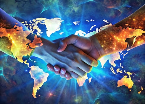 Global Partnership.A photo of two hands clasped in a handshake, set against a backdrop of a world map. This image symbolizes collaboration, cooperation, and the interconnectedness of the global community.