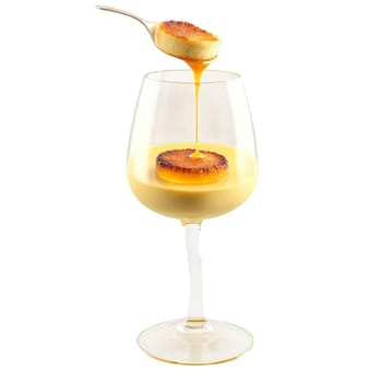 Foie gras creme brulee quivering custard in stemless glass caramelized sugar crust shattering isolated Food. Food isolated on transparent background.
