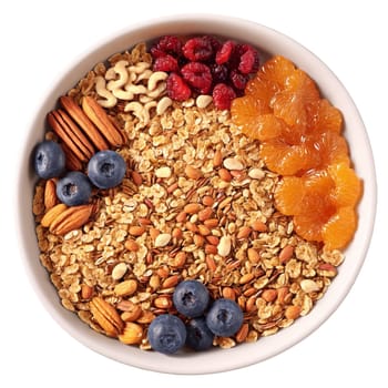 Wholesome granola in see through bowl oats tumbling nuts spinning dried fruit falling honey drizzling. Food isolated on transparent background.