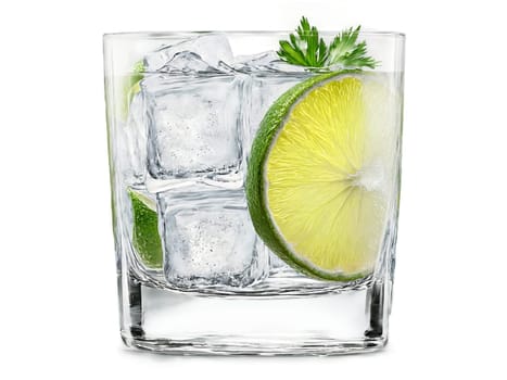Tequila Tango a salt rimmed tequila glass filled with ice garnished with a slice of. Drink isolated on transparent background.