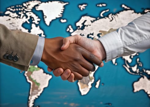 Global Partnership.A photo of two hands clasped in a handshake, set against a backdrop of a world map. This image symbolizes collaboration, cooperation, and the interconnectedness of the global community.