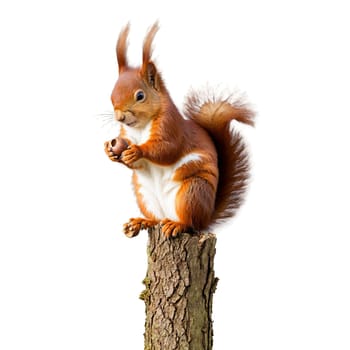 Animal isolated on transparent background. Cute red squirrel Sciurus vulgaris perched fluffy tail curled holding acorn in paws Animal photography.