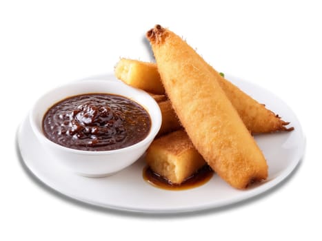Fried Cassava crispy and addictive snack of fried cassava served with side of tangy tamarind. Food isolated on transparent background.