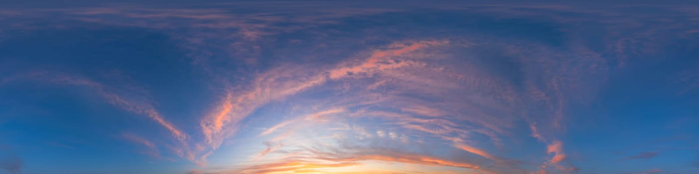 Golden glowing red orange overcast sunset sky 360 hdr panorama. Seamless spherical equirectangular panorama. Sky dome or zenith for 3D visualization and sky replacement for aerial drone 360 panoramas.