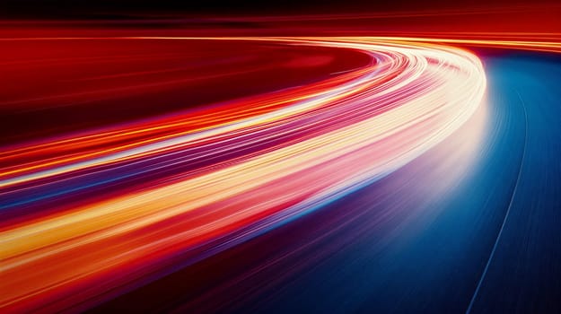 Vibrant red, orange, and blue light trails from moving cars create dynamic curves, illustrating motion and speed on a dark, curving road during nighttime - Generative AI