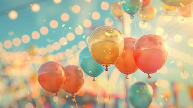 Balloon decorations enhance the lively atmosphere of a city festival filled with lights, laughter, and celebration.