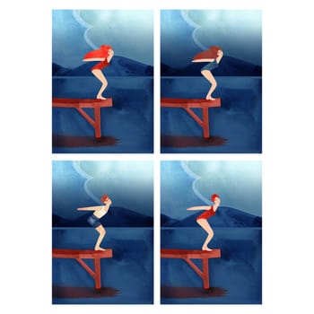 Swimmers, diving, scuba diving, summer holidays at water resorts. Sports, hobbies and recreation. Set of watercolor templates for cards.