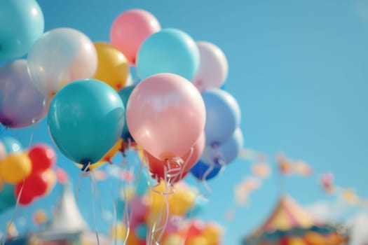 Colorful balloons float gently in the air, adding joy to a lively city festival bustling with activities and cheerful attendees.