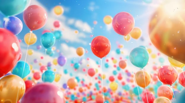 Bright balloons float joyfully in the sky during a lively festival, creating a festive atmosphere filled with excitement and celebration.