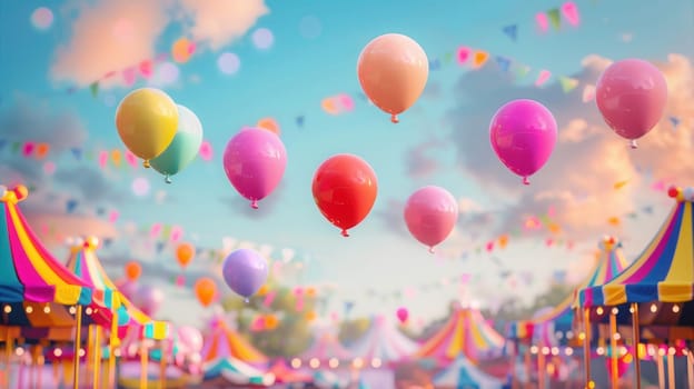 Colorful balloons drift above tents at a lively city festival, creating a joyful atmosphere as evening approaches and lights begin to twinkle.