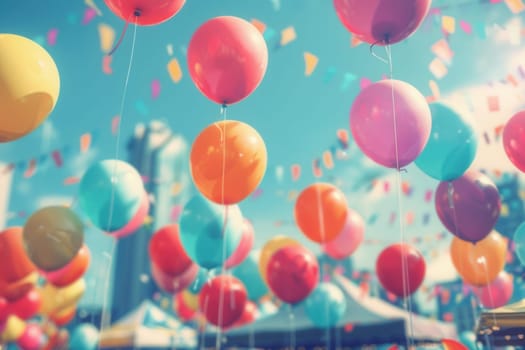 Bright balloons float above a lively city fair, adding cheer to the festive atmosphere enjoyed by visitors and families throughout the day.