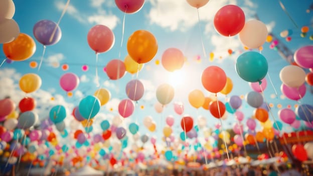 Colorful balloons float above crowds enjoying a lively city festival filled with joy, laughter, and community spirit on a sunny day.