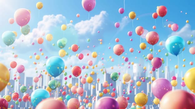 Brightly colored balloons ascend in the sky above a lively city festival, creating a festive atmosphere under a clear, blue sky.