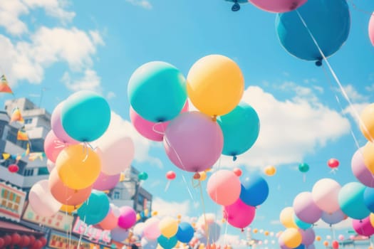 Colorful balloons decorate a lively city festival, creating a joyful atmosphere amidst the warm sunlight and bustling crowds.