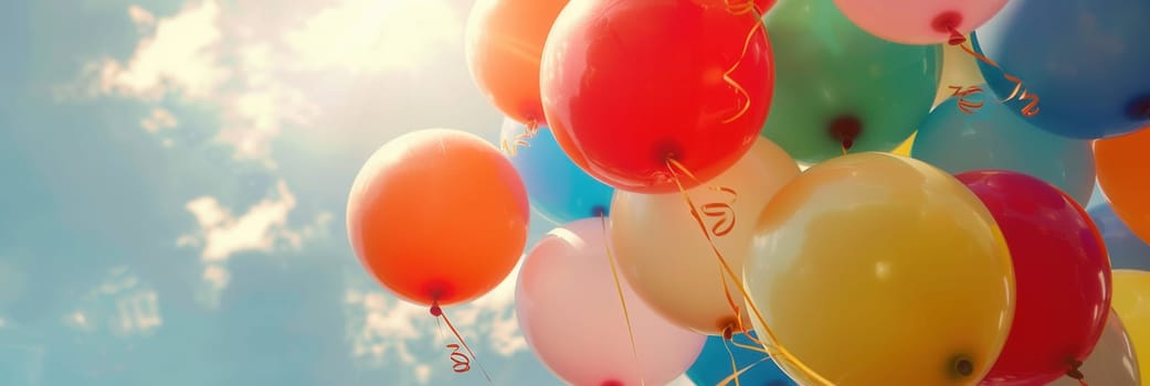 Bright, colorful balloons soar above a lively city festival, capturing the festive spirit under a clear blue sky.