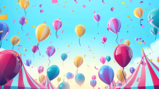 Colorful balloons drift over a lively city festival filled with joy, laughter, and colorful tents, creating a festive and enchanting atmosphere.