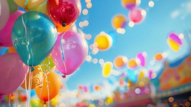 Brightly colored balloons fill the air above a bustling city festival, creating a festive atmosphere as people enjoy the day's activities.