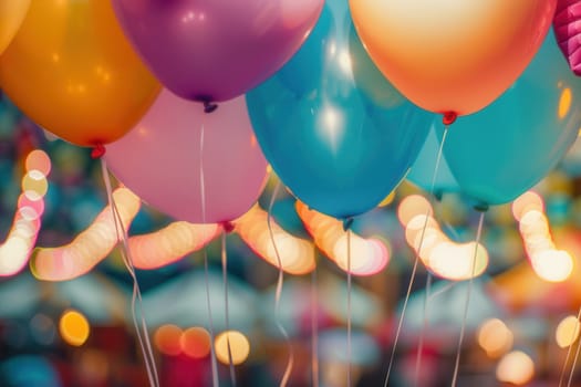 A joyful celebration unfolds as colorful balloons hang above the lively atmosphere of a bustling city festival filled with lights and excitement.