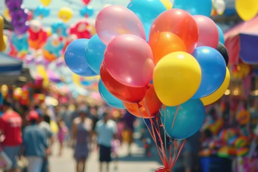 Colorful balloons float amidst bustling festival crowds, adding to the lively atmosphere of the city celebration filled with joy and excitement.