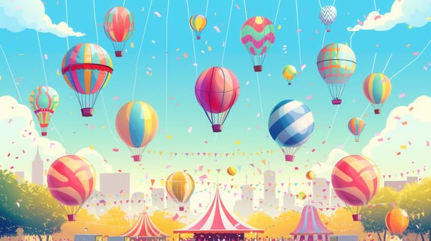 Brightly colored hot air balloons rise over a bustling city festival, creating a festive atmosphere filled with joy and excitement.