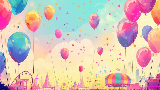 Balloons of various colors fill the sky above a lively city festival with rides, tents, and crowds enjoying the festive atmosphere under the sunshine.