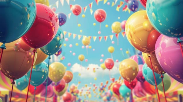 Colorful balloons float above a lively city festival, creating a festive atmosphere filled with joy and excitement among attendees enjoying the summer event.