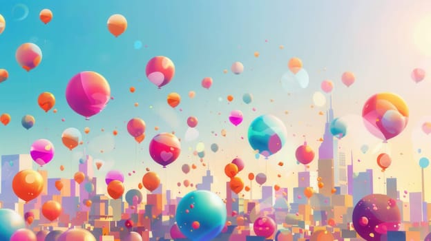 Colorful balloons drift through the sky, adding joy to a lively city festival filled with laughter, excitement, and celebration.