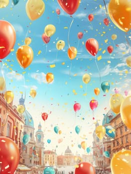 Colorful balloons fill the sky above a lively city festival, celebrating with joy as confetti drifts in the air against a clear blue backdrop.
