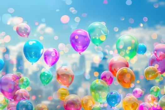 Balloons of various colors drift upward at a lively city festival under a clear blue sky filled with excitement and joy.