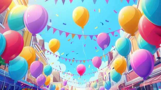 Bright balloons brighten the festival atmosphere, adorned with colorful bunting amid a lively city celebration, inviting joy and excitement.