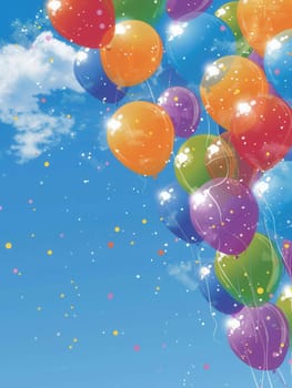 A multitude of vibrant balloons rises against a clear blue sky, bringing joy to a lively city festival filled with laughter and celebration.