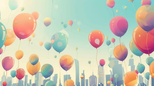 Brightly colored balloons float above a lively city festival, creating a joyful atmosphere as attendees enjoy the festive spirit and sunny weather.