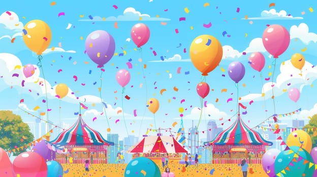 Bright balloons fill the sky above a lively city festival, where visitors enjoy entertainment, games, and attractions under colorful tents.