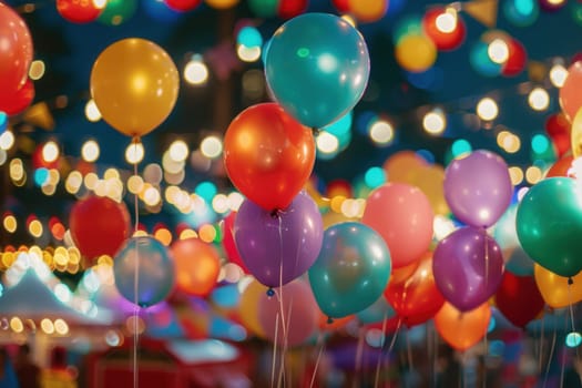 Colorful balloons brighten the night, surrounded by sparkling lights at a lively city festival, creating a joyful atmosphere for all attendees.