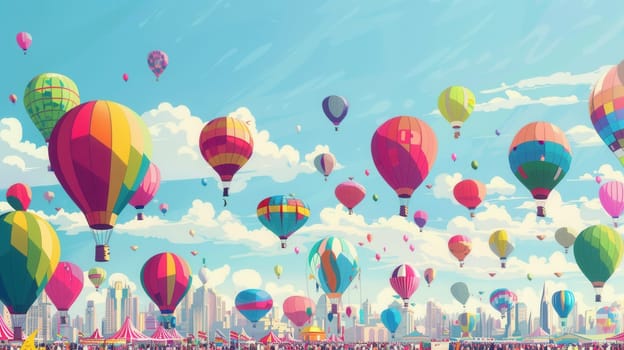 Colorful hot air balloons fill the sky above a lively city festival, creating a vibrant atmosphere with joyful crowds enjoying the celebration.