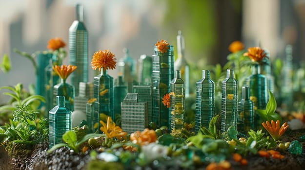A miniature cityscape made from glass bottles and flowers sits amidst green plants and foliage, creating a whimsical and detailed scene - Generative AI