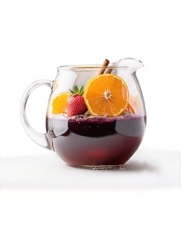 Sangria Red wine soaked fruits strawberries oranges and apples floating in glass pitcher with cinnamon stick. Drink isolated on transparent background.