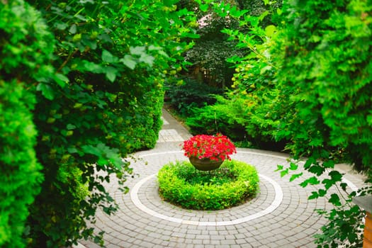 Flower beds in the English Garden with a variety of colorful flowers.