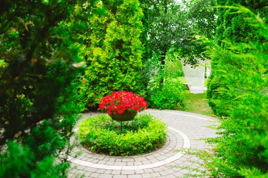 Flower beds in the English Garden with a variety of colorful flowers.