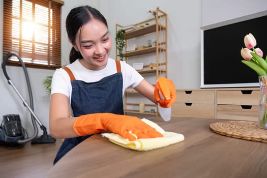 Asian female housekeeper cleaning the house using spray and cleaning cloth at the table in the living room.