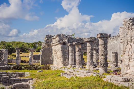 Pre-Columbian Mayan walled city of Tulum, Quintana Roo, Mexico, North America, Tulum, Mexico. El Castillo - castle the Mayan city of Tulum main temple.