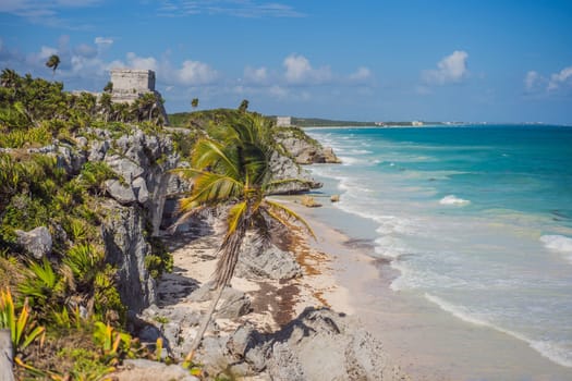 Pre-Columbian Mayan walled city of Tulum, Quintana Roo, Mexico, North America, Tulum, Mexico. El Castillo - castle the Mayan city of Tulum main temple.