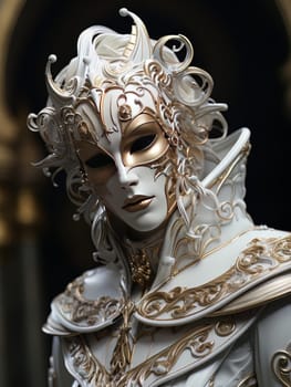 Female image of courtesan at festive carnival. Luxurious woman in white Venetian mask with gold patterns, AI