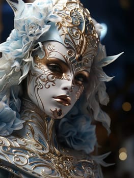 Female image of courtesan at festive carnival. Luxurious woman in white Venetian mask with gold patterns, AI
